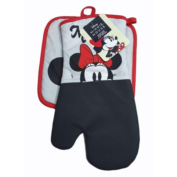 Disney Mickey Minnie Mouse Over Sized Oven Mitt and Pot Holder Gray Red Black - Picture 2 of 5